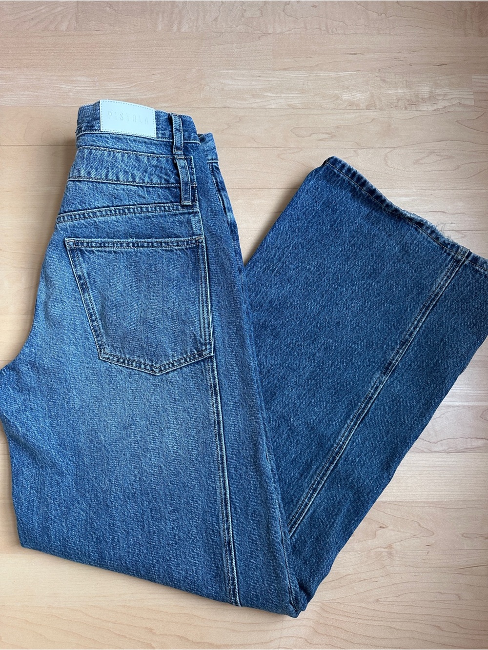 Pistola Caleb Stacked-Waist Jeans. Wide-Leg in Medium Blue Wash